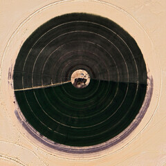 Aerial top view of center-pivot irrigation circle in a sandy desert. Green agricultural field...