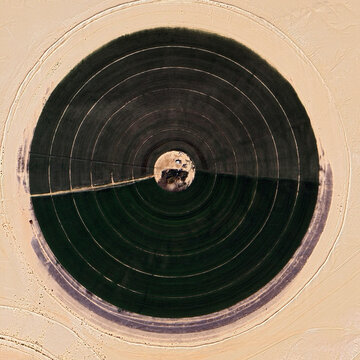 Aerial top view of center-pivot irrigation circle in a sandy desert. Green agricultural field creates a striking geometric contrast with the arid dunes. Sustainable farming in extreme conditions.