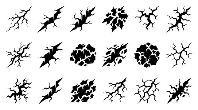 Set of Black Cracked Ground and Wall Textures, Grunge Effect Icons