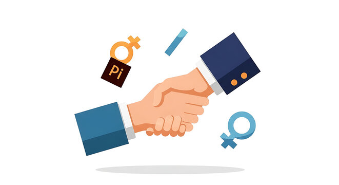 Pixel art handshake between two business people in suits, with gender symbols and a block labeled "P1" floating around, representing partnership and agreement