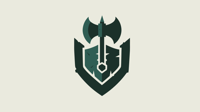 Stylized shield and double-bladed axe graphic in muted greens, an emblem of strength, protection, and medieval combat.