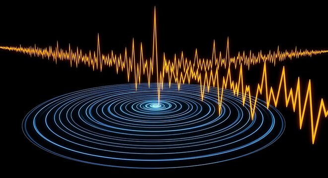 An abstract representation of an earthquake's seismic waves emanating from a central blue core, visualized with sharp, jagged orange lines against a stark black background.