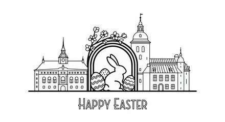 Obraz premium Stylized line art of a town with a bunny, Easter eggs, and blossoming branches above text