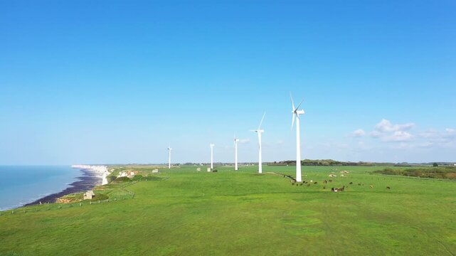 A row of wind turbines stands on lush green cliffs overlooking the sea near Fecamp, France, under a clear blue sky. Cows graze in the fields, highlighting a blend of renewable energy and rural