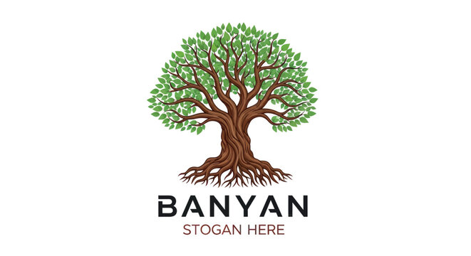 Banyan Tree Logo Design - Green Leaves, Strong Roots, White Background