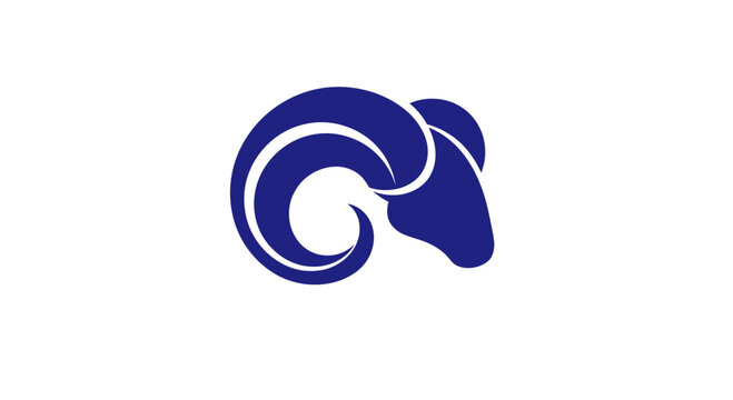 Blue ram head silhouette with curled horns on white background, vector graphic