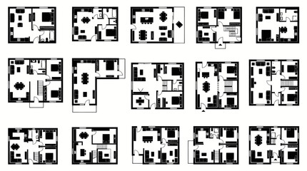 Fototapeta premium Architectural House Floor Plans Black White Line Art Set for Real Estate