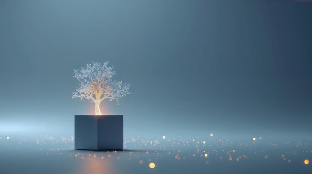 Innovation and Growth Concept. A glowing digital tree emerges from a cube, symbolizing new ideas, startup potential, and thinking outside the box. Tech background with copy space.