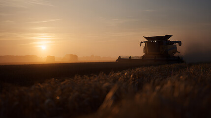 Fototapeta premium Silhouette of a combine harvester work grain field at orange dawn or dusk, rural landscape, agricultural machine busy during harvest season
