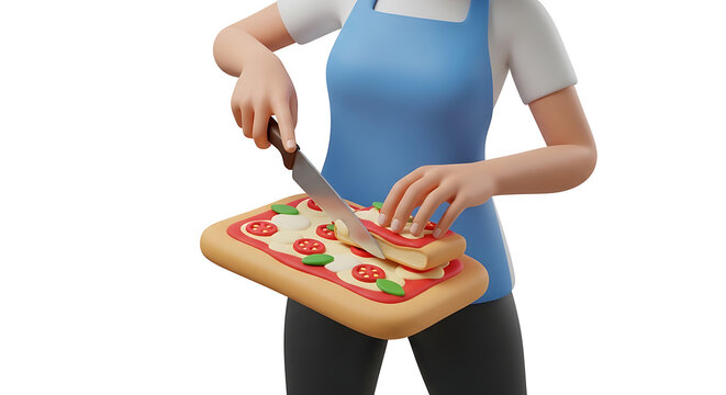 Person in apron slicing a freshly baked pizza with red tomatoes and green basil on a wooden board, close-up view