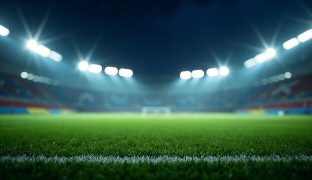 Close up view of a football stadium grass at night with bright lights illuminating the field.
