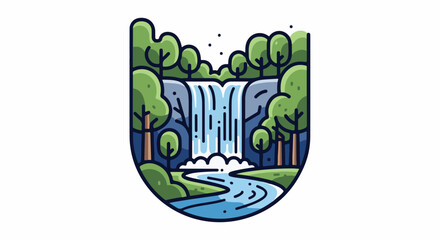 Obraz premium Stylized illustration of a waterfall cascading into a river, surrounded by trees