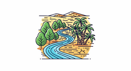 Obraz premium Stylized landscape features a winding blue river through trees and palm trees