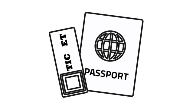 Black and white vector icon illustration of a passport and travel ticket, featuring a globe symbol and QR code, representing international travel, tourism, airport check-in, and vacation planning.