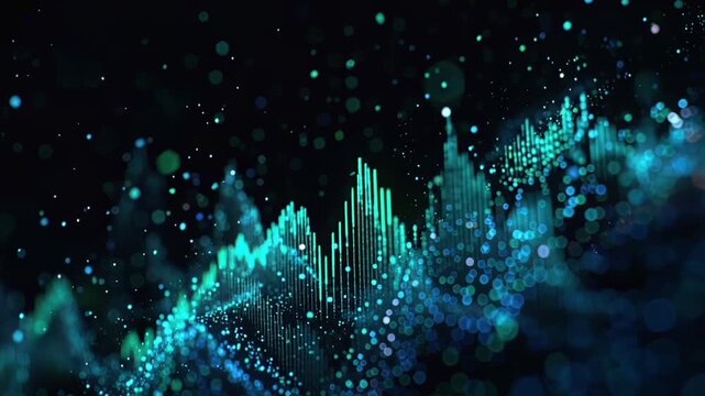 An abstract digital financial chart with glowing blue and green bar graphs and scattered particles. Business, data analysis, stock market, technology.