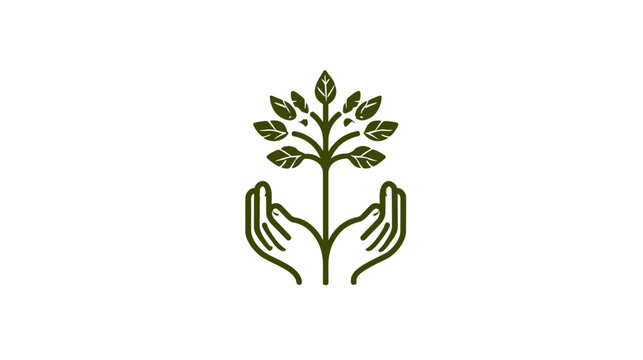 Minimalist illustration of hands nurturing a growing tree seedling, symbolizing nature care, environmental protection, and organic growth.