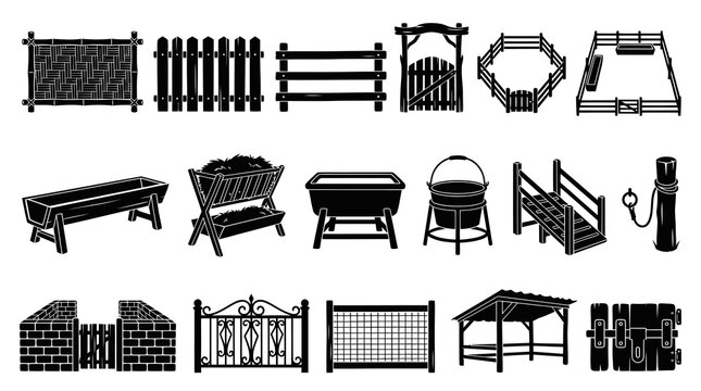 Agriculture Farm and Ranch Equipment Glyphs Set - Black  White Solid Icons
