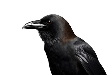 Obraz premium Raven or crow in profile with dark plumage looking left, smart bird on transparent background