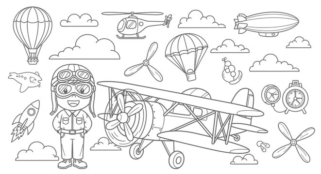Cartoon Pilot and Aviation Elements Coloring Page Vector Art