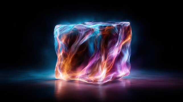 An enchanting image of a glowing ice block surrounded by colorful, ethereal flames, representing the beauty of fusion between solidity and fluid energy.