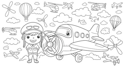 Cute Pilot Kid with Vintage Airplane and Aircraft Vector Line Art © Arsyadia