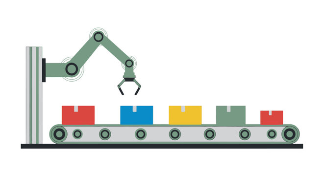 Automated assembly line with robotic arm and colorful boxes production process