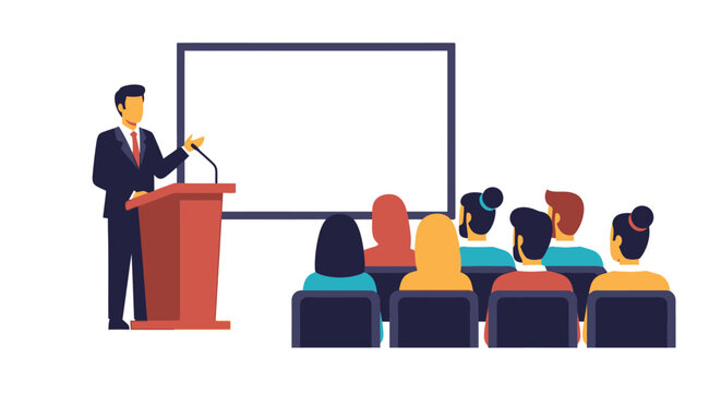 Presenter at podium addressing audience in business setting vector illustration