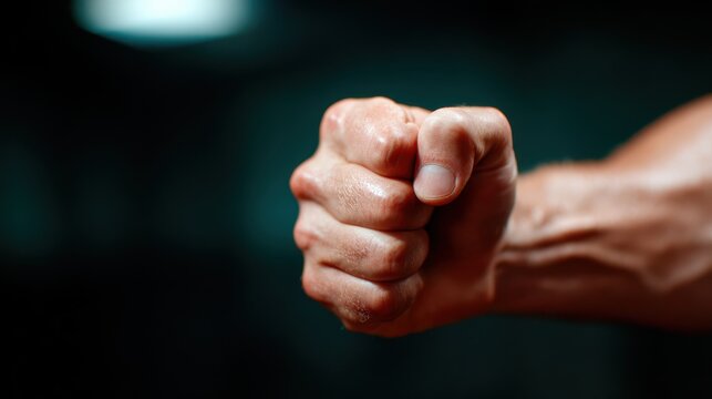 A clenched fist symbolizes strength and determination, capturing the essence of human resilience and the powerful emotions tied to action and willpower in a dramatic focus.