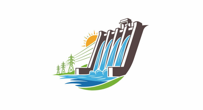 Stylized graphic of a hydroelectric dam with sun and power lines