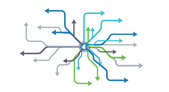 Abstract illustration of converging and diverging arrows on a white background