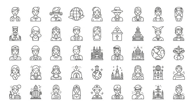 Collection of diverse people icons representing various professions and cultures in line art style.