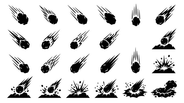 Black and white meteor icons, asteroid icons, falling star icons, space