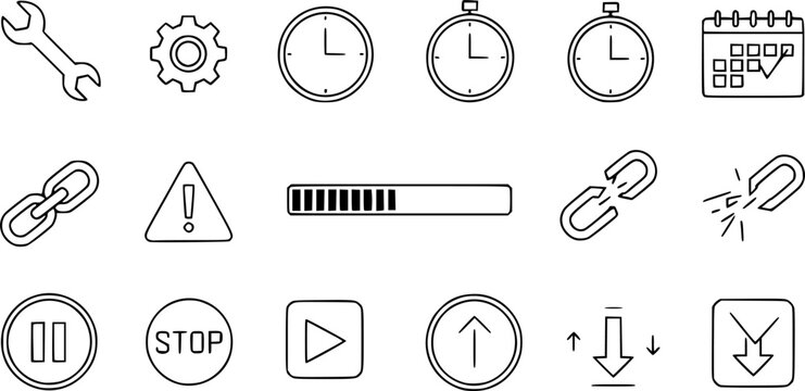 Maintenance pause and system technical offline delay or recovery schedule symbol featuring a simple black thin line art and glyph down time icon set &ndash; Black Vector Illustration