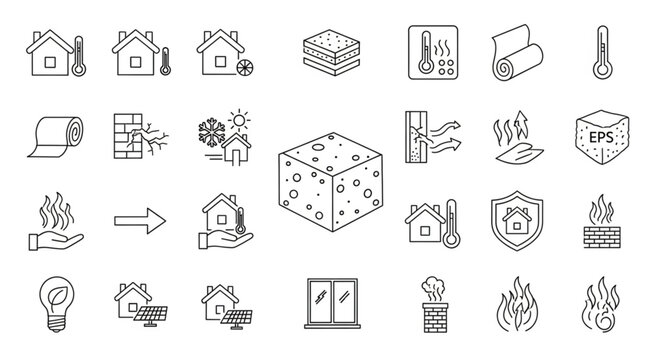 Collection of house insulation and energy efficiency icons for design.