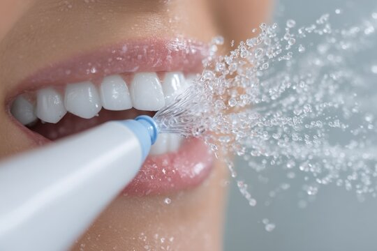 A person uses a water flosser for cleaning teeth in the bathroom during their daily morning routine to ensure oral health
