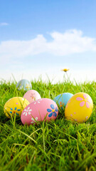 Fototapeta premium Several colorful, flower-patterned Easter eggs sit nestled in lush green grass beneath a bright blue sky with soft white clouds. Ai