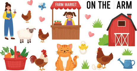 Fototapeta premium Rustic Countryside Farm Vector Illustration Collection Featuring Red Barns, Farm Animals, Market Stalls, and Agricultural Life for Children's Educational Design and Rural Branding