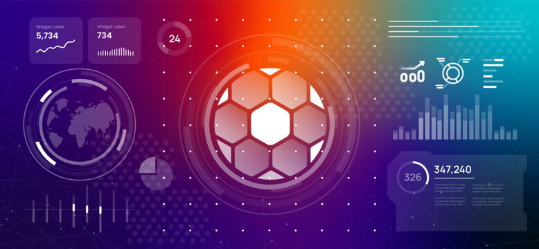 soccer football ball icon with digital data analytics and global performance statistics on futuristic background for professional sports analysis match results metrics visualization