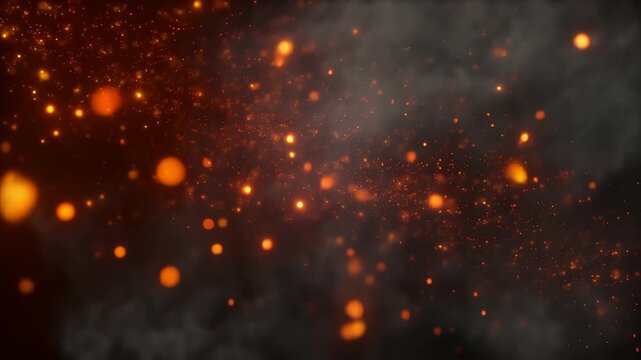 Soft glowing ember particles in burnt orange and cool ash gray drifting with gentle wind turbulence, creating temporary smoke-like veils, warm volumetric lighting, smooth tracking shot