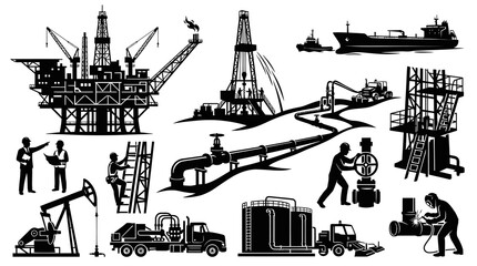 Obraz premium Oil and Gas Industry Vector Silhouettes: Drilling Rigs, Pipelines, Tankers, and Workers Icons