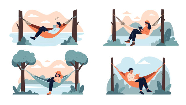 Peaceful collection of illustrations showing people relaxing, reading books, and napping in hammocks hung between trees by the water.