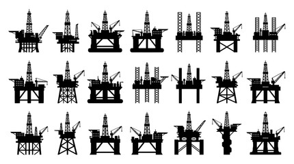 Fototapeta premium Offshore Oil Rig and Drilling Platform Silhouettes Vector Icons for Energy Industry