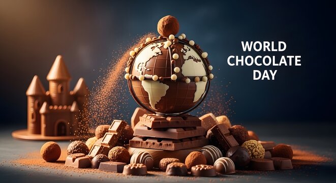 Chocolate globe surrounded by assorted chocolates and sweets on a table