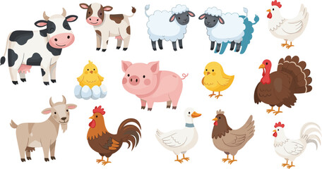 Fototapeta premium Farm Animal Family Vector Set Featuring Cows Sheep Pigs Goat Turkey Duck Rooster and Cute Chicks for Agricultural Education Nursery Themes and Commercial Graphic Designs