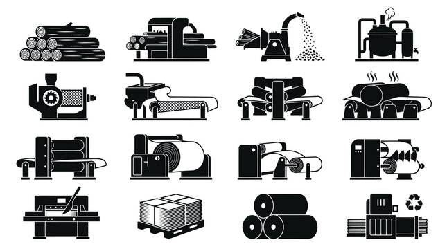 Paper Industry Production Process Black and White Solid Glyph Icons