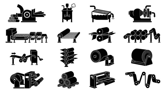 Manufacturing Process Glyph Icons Set. Industrial Production Line, Machines, and Material Rolls in Black and White.