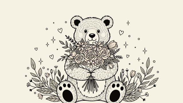 Detailed line art drawing features a cute teddy bear holding a large bouquet of roses and lilies surrounded by magical stars and leaves.