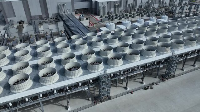 Close up of an Ai Datacenter with the chilling towers, power inverted and step down units with other data center cooling mechanical equipment  