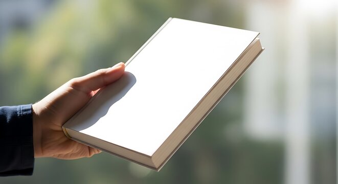 hand holding blank book cover outdoors. book mockup psd