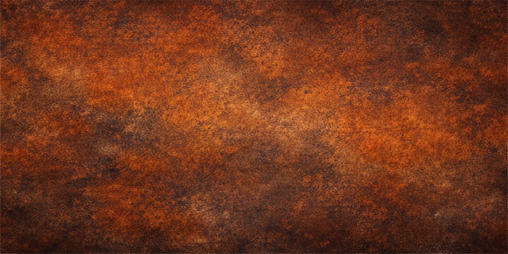 A vintage grungy background features a rough textured rusty metal surface with aged brown iron and orange corrosion patterns on an old weathered steel material
